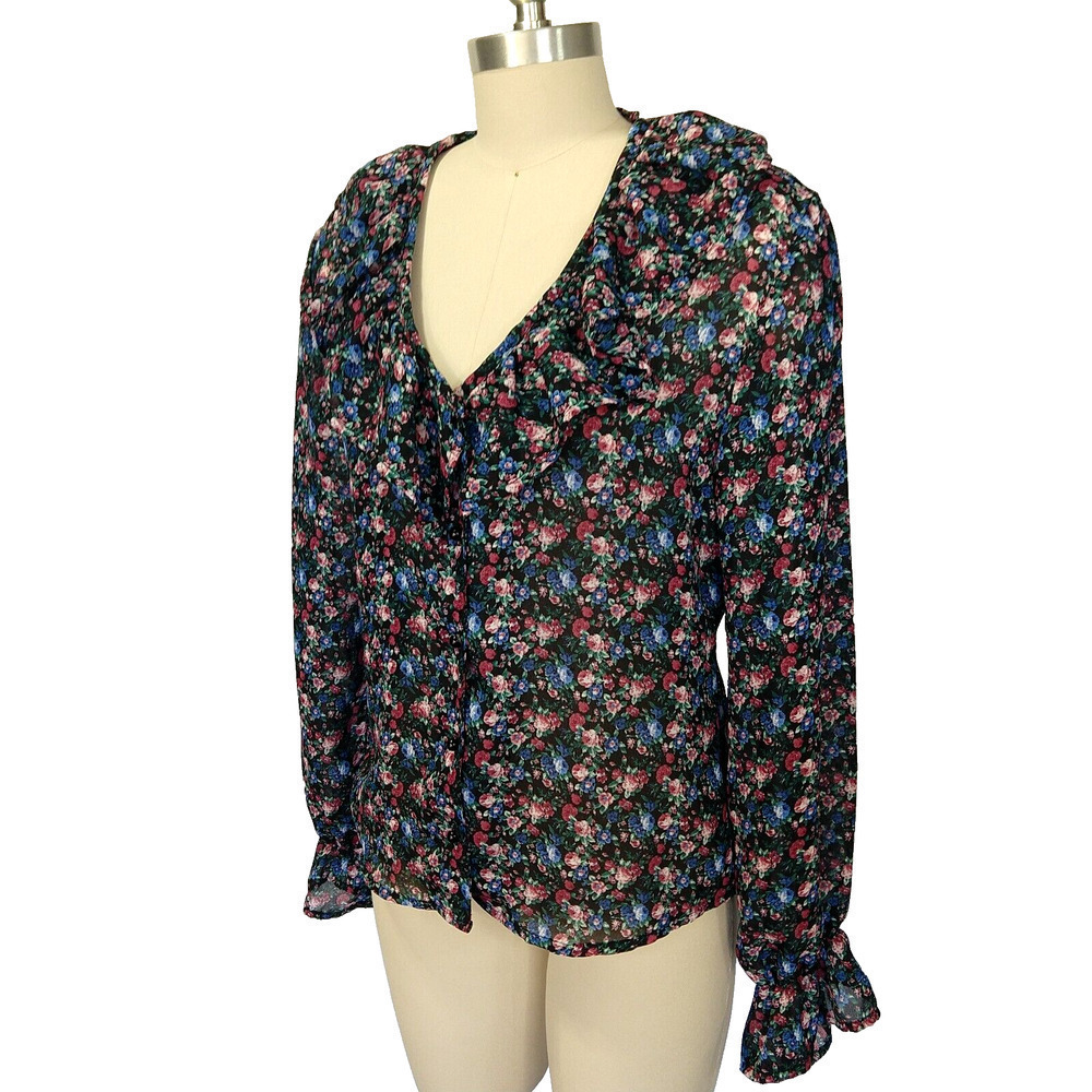 Vintage 90s Dark Floral Paris Blues Peasant Top Size S Ruffle Neck Long Sleeve